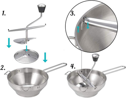 Rotary Food Mill Potato Ricer with 3 Interchangeable Disks, Great for Making Puree or Soups of Vegetables, Baby Foods, Stainless Steel 2 Quart Kitchen Mills, Easy Clean and Assemble, Manual Operati