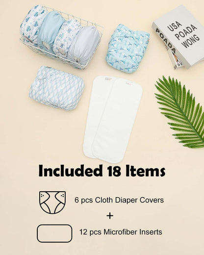 ALVABABY Baby Cloth Diapers 6 Pack with 12 Inserts Cloth Diaper Covers Adjustable Washable Reusable for Baby Girls and Boys