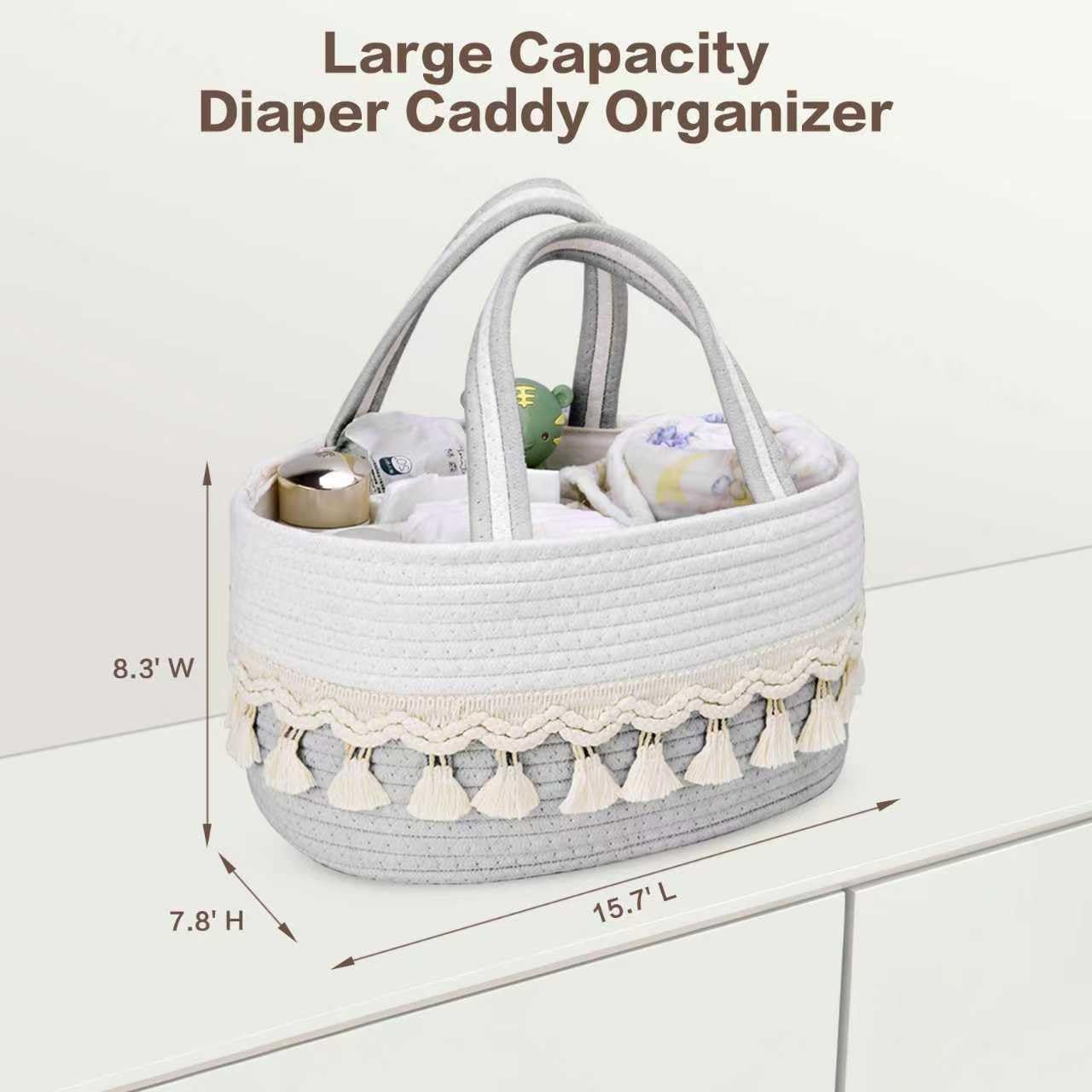 Diaper Caddy Organizer, Stylish Nursery Storage Basket, Baby Shower Basket with Tassel Decorative Appearance, Portable Storage Basket Suitable for Family and Car Travel (Grey)