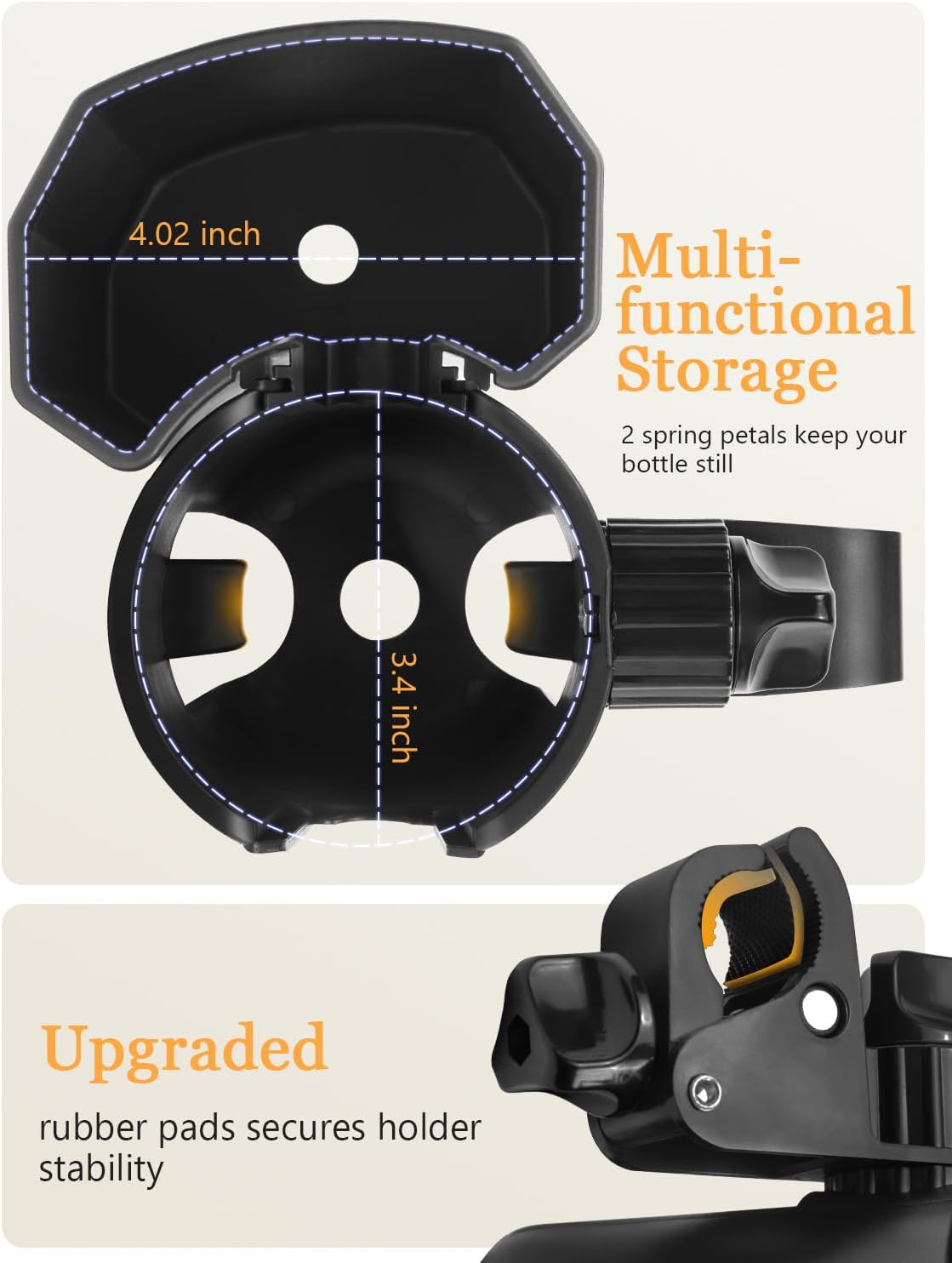 Universal Stroller Cup Holder with Phone Holder, 360° Rotatable Strong Clip, Big Storage Space for Walker, Wheelchair, Stroller, Bike