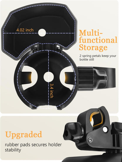 Universal Stroller Cup Holder with Phone Holder, 360° Rotatable Strong Clip, Big Storage Space for Walker, Wheelchair, Stroller, Bike