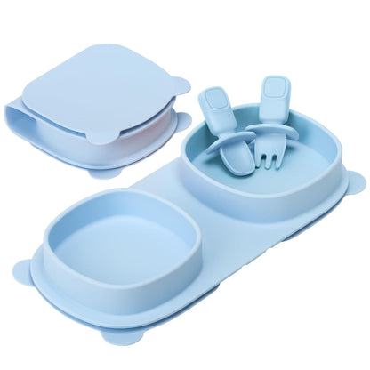 Baby Plates with Suction with Forks and Spoons, Foldable Silicone Toddler Plates, Baby Travel Essential, Microwave & Dishwasher Safe, Purple