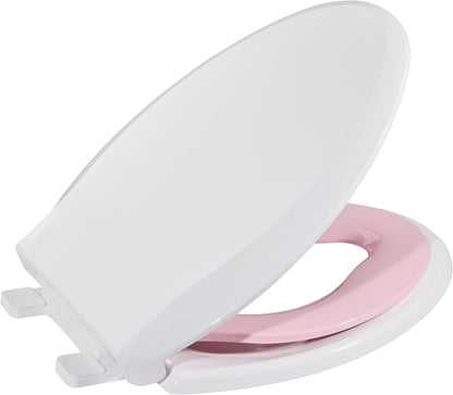 17" White Round Toilet Seat for Adult and Child, Built-In Potty Training Seat with Soft Quiet Close Non-Slip Design, Magnetic Kids Seat and Cover for Round/Oval Toilets, Easy to Install and Clean