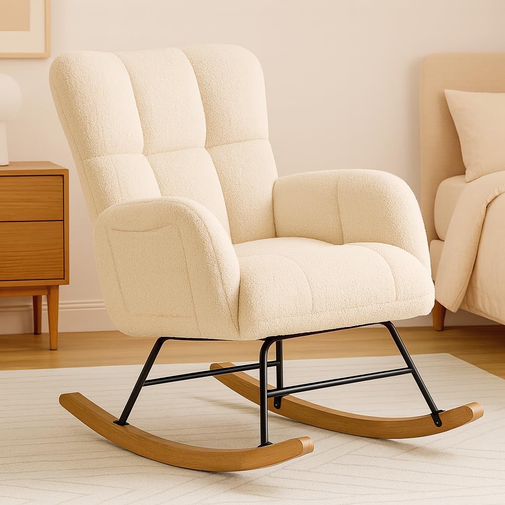 COMHOMA Nursery Rocking Chair with Ottoman,Teddy Glider Rocking Chair,Accent Chair with High Backrest Reading Chair for Adult,Nursery,Bedroom,Living Room,Offices(Beige with Ottoman)