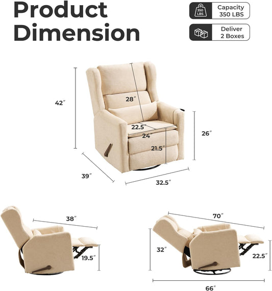 Large Glider Rocker Recliner,Rocking Chair Nursery with Adjustable Headrest,Swivel Rocker Recliner with Lumbar Support,Manual Nursery Rocker Recliner for Living Room& Bedroom,Chenille White