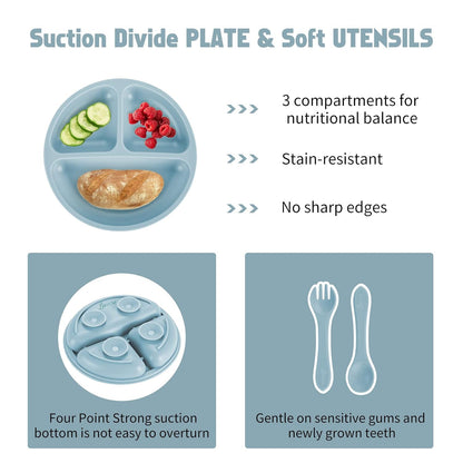 Silicone Feeding Set|Baby Led Weaning Supplies|Suction Plate Bowl Set with Bib, Spoon, Fork, Sippy Cup|Feeding Eating Supplies BPA Free