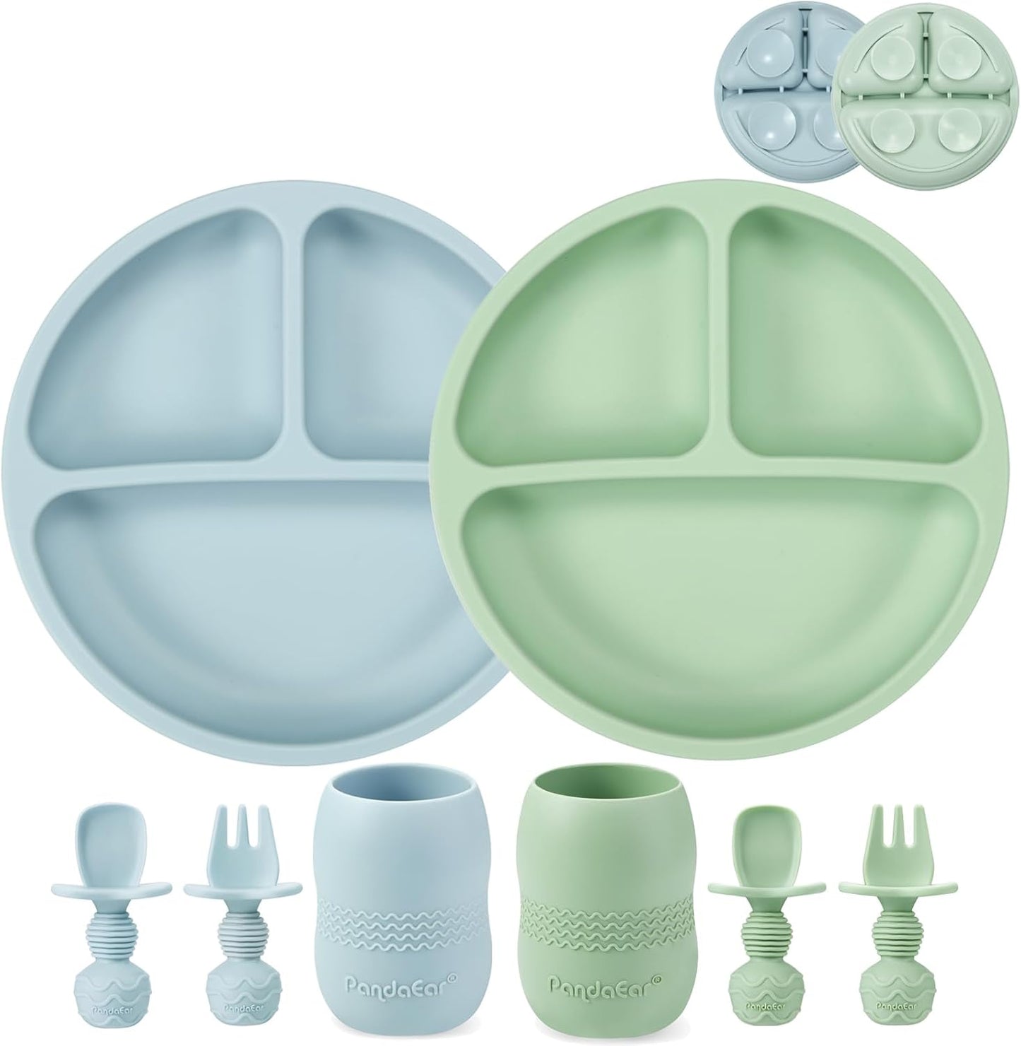 PandaEar Silicone Baby Feeding Set| 2 Pack Silicone Divided Suction Plate and 2 Pack Tiny Cup with 2 Spoons 2 Forks| Baby Led Weaning Supplies Self Feeding Eating Utensils (Light Tan/Walnut)