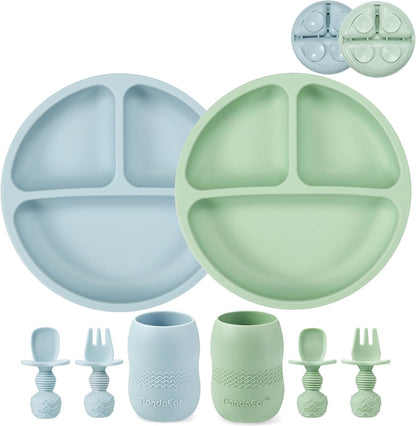 PandaEar Silicone Baby Feeding Set| 2 Pack Silicone Divided Suction Plate and 2 Pack Tiny Cup with 2 Spoons 2 Forks| Baby Led Weaning Supplies Self Feeding Eating Utensils (Light Tan/Walnut)