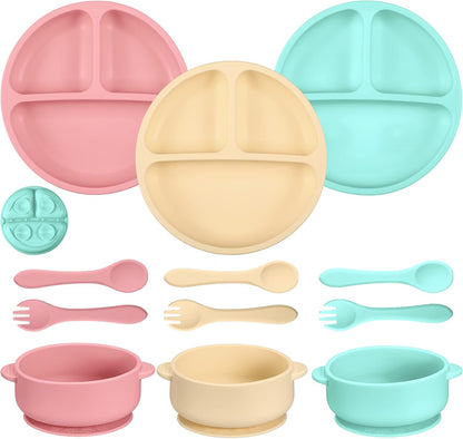 CHENGU 12 Pcs Silicone Bowl with Suction Set for Baby Toddler with Suction Plate, Spoon and Fork, Divided Design Baby Feeding Utensils Weaning Kit, Dishwasher and Microwave Safe