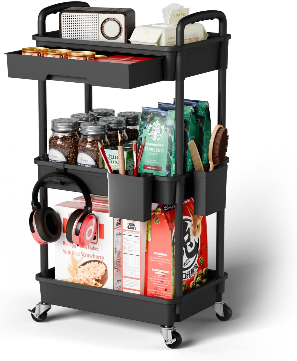 3 Tier Rolling Cart Organizer,Laundry Room Bathroom Organizers and Storage Office Shelves Mobile Shelving Unit Kitchen Trolley Cart with Wheels for Art,Craft,Diaper,Bedside,Snack(Pink)