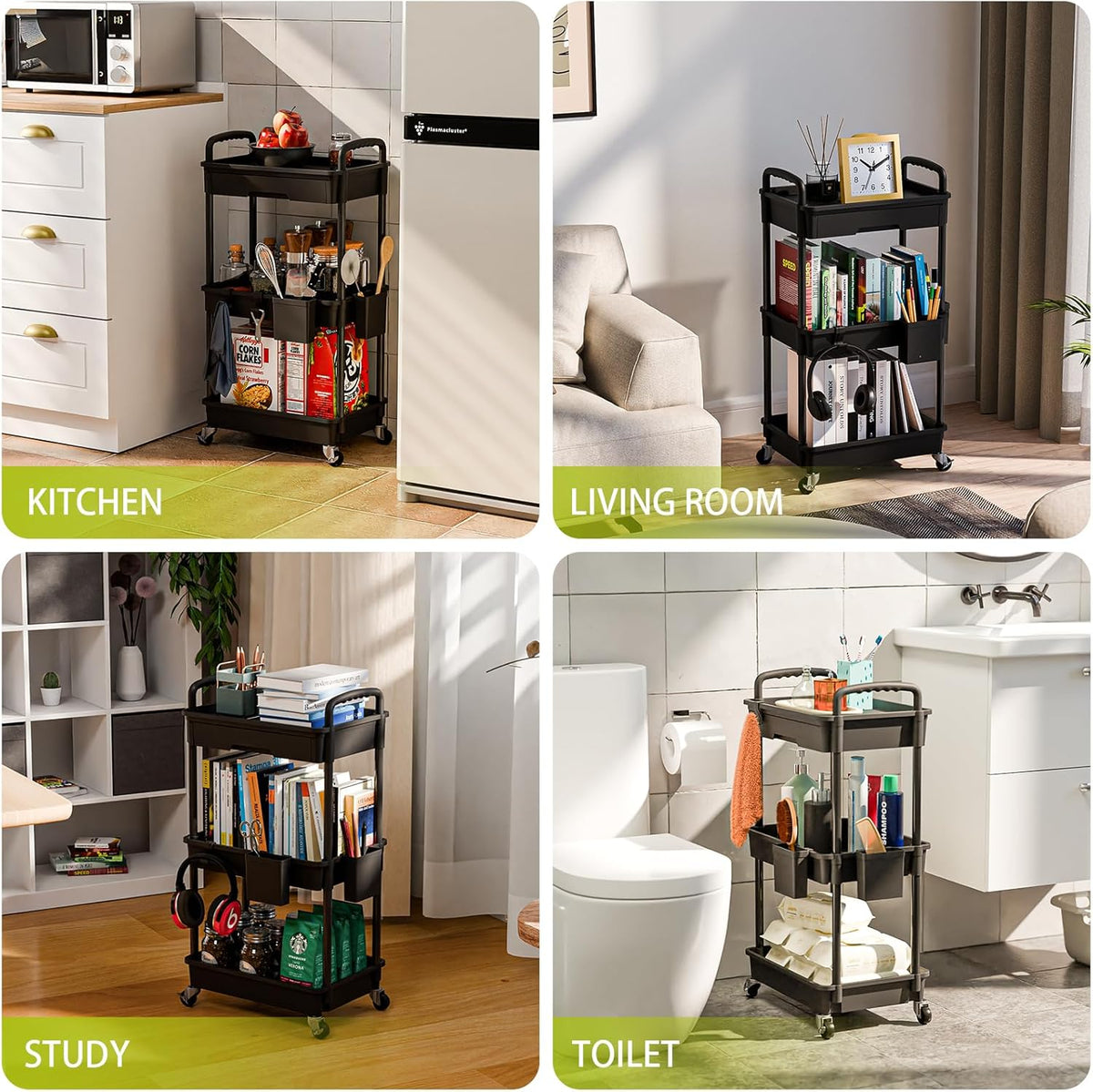 3 Tier Rolling Cart Organizer,Laundry Room Bathroom Organizers and Storage Office Shelves Mobile Shelving Unit Kitchen Trolley Cart with Wheels for Art,Craft,Diaper,Bedside,Snack(Pink)
