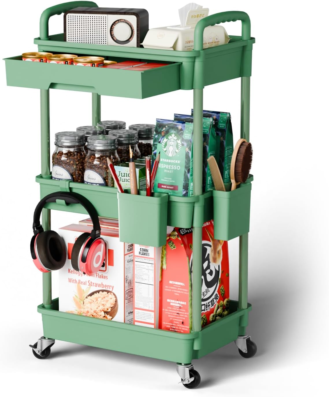 3 Tier Rolling Cart Organizer,Laundry Room Bathroom Organizers and Storage Office Shelves Mobile Shelving Unit Kitchen Trolley Cart with Wheels for Art,Craft,Diaper,Bedside,Snack(Pink)