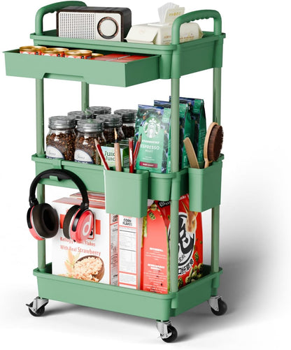 3 Tier Rolling Cart Organizer,Laundry Room Bathroom Organizers and Storage Office Shelves Mobile Shelving Unit Kitchen Trolley Cart with Wheels for Art,Craft,Diaper,Bedside,Snack(Pink)