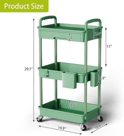 3 Tier Rolling Cart Organizer,Laundry Room Bathroom Organizers and Storage Office Shelves Mobile Shelving Unit Kitchen Trolley Cart with Wheels for Art,Craft,Diaper,Bedside,Snack(Pink)