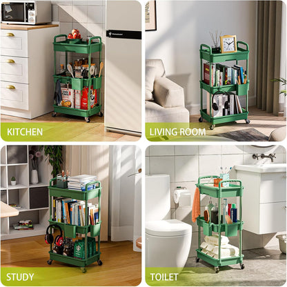 3 Tier Rolling Cart Organizer,Laundry Room Bathroom Organizers and Storage Office Shelves Mobile Shelving Unit Kitchen Trolley Cart with Wheels for Art,Craft,Diaper,Bedside,Snack(Pink)