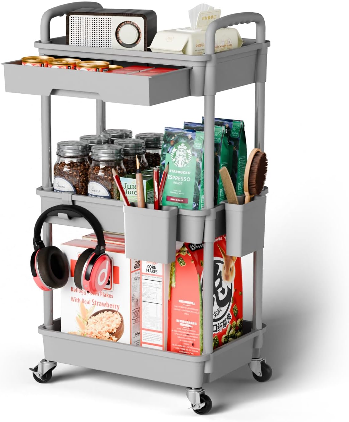 3 Tier Rolling Cart Organizer,Laundry Room Bathroom Organizers and Storage Office Shelves Mobile Shelving Unit Kitchen Trolley Cart with Wheels for Art,Craft,Diaper,Bedside,Snack(Pink)