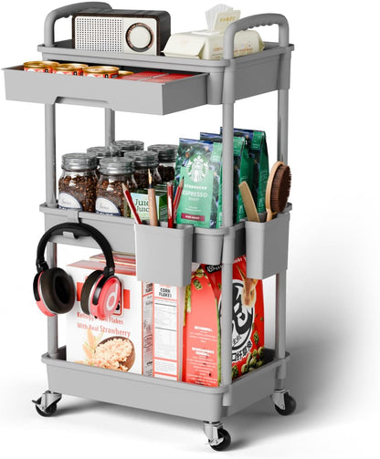 3 Tier Rolling Cart Organizer,Laundry Room Bathroom Organizers and Storage Office Shelves Mobile Shelving Unit Kitchen Trolley Cart with Wheels for Art,Craft,Diaper,Bedside,Snack(Pink)