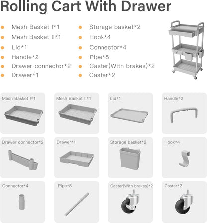 3 Tier Rolling Cart Organizer,Laundry Room Bathroom Organizers and Storage Office Shelves Mobile Shelving Unit Kitchen Trolley Cart with Wheels for Art,Craft,Diaper,Bedside,Snack(Pink)
