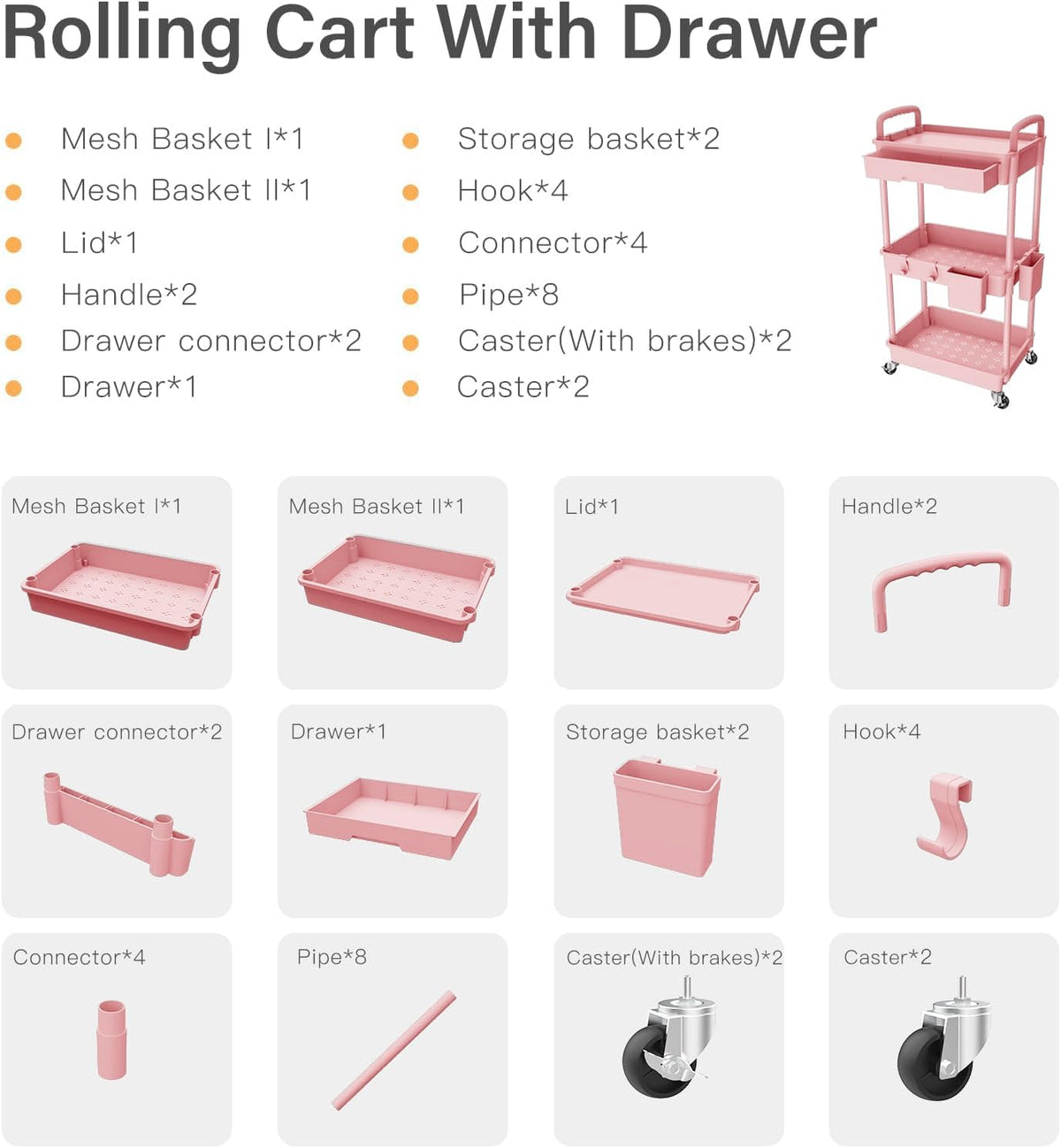 3 Tier Rolling Cart Organizer,Laundry Room Bathroom Organizers and Storage Office Shelves Mobile Shelving Unit Kitchen Trolley Cart with Wheels for Art,Craft,Diaper,Bedside,Snack(Pink)