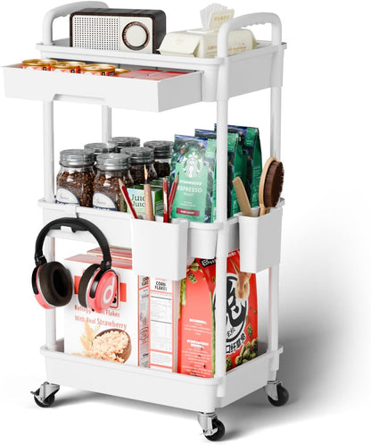 3 Tier Rolling Cart Organizer,Laundry Room Bathroom Organizers and Storage Office Shelves Mobile Shelving Unit Kitchen Trolley Cart with Wheels for Art,Craft,Diaper,Bedside,Snack(Pink)