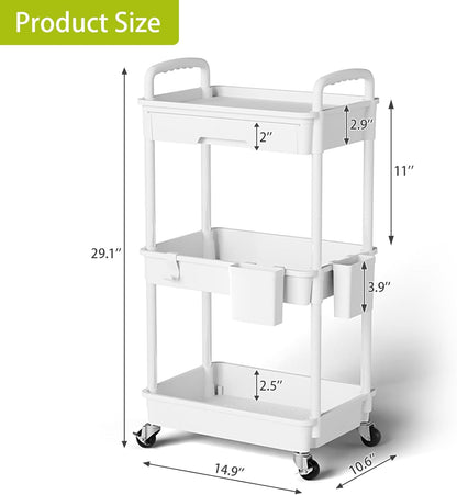 3 Tier Rolling Cart Organizer,Laundry Room Bathroom Organizers and Storage Office Shelves Mobile Shelving Unit Kitchen Trolley Cart with Wheels for Art,Craft,Diaper,Bedside,Snack(Pink)