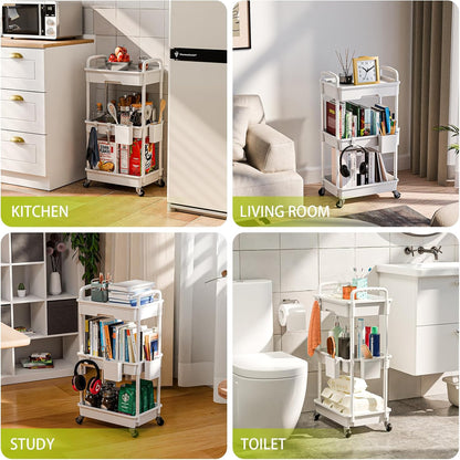 3 Tier Rolling Cart Organizer,Laundry Room Bathroom Organizers and Storage Office Shelves Mobile Shelving Unit Kitchen Trolley Cart with Wheels for Art,Craft,Diaper,Bedside,Snack(Pink)