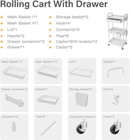 3 Tier Rolling Cart Organizer,Laundry Room Bathroom Organizers and Storage Office Shelves Mobile Shelving Unit Kitchen Trolley Cart with Wheels for Art,Craft,Diaper,Bedside,Snack(Pink)