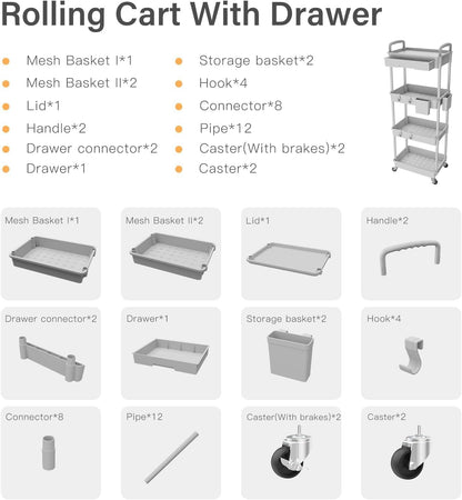 3 Tier Rolling Cart Organizer,Laundry Room Bathroom Organizers and Storage Office Shelves Mobile Shelving Unit Kitchen Trolley Cart with Wheels for Art,Craft,Diaper,Bedside,Snack(Pink)