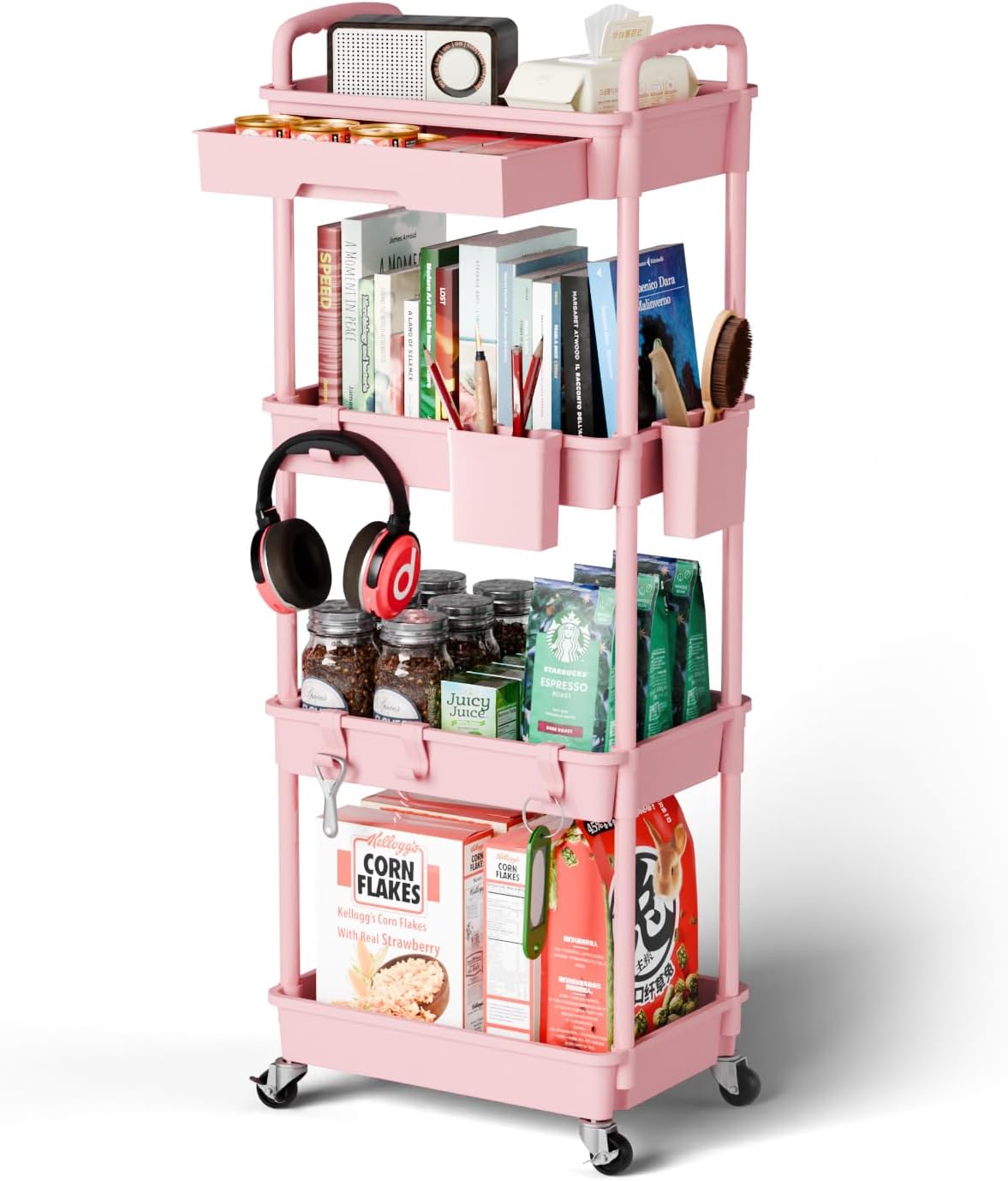 3 Tier Rolling Cart Organizer,Laundry Room Bathroom Organizers and Storage Office Shelves Mobile Shelving Unit Kitchen Trolley Cart with Wheels for Art,Craft,Diaper,Bedside,Snack(Pink)