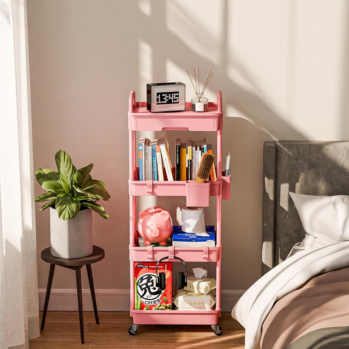 3 Tier Rolling Cart Organizer,Laundry Room Bathroom Organizers and Storage Office Shelves Mobile Shelving Unit Kitchen Trolley Cart with Wheels for Art,Craft,Diaper,Bedside,Snack(Pink)