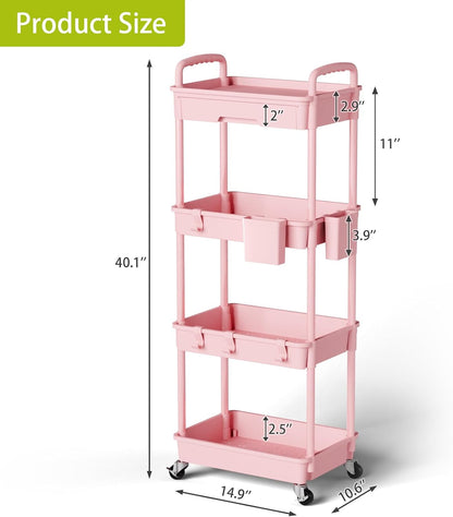 3 Tier Rolling Cart Organizer,Laundry Room Bathroom Organizers and Storage Office Shelves Mobile Shelving Unit Kitchen Trolley Cart with Wheels for Art,Craft,Diaper,Bedside,Snack(Pink)