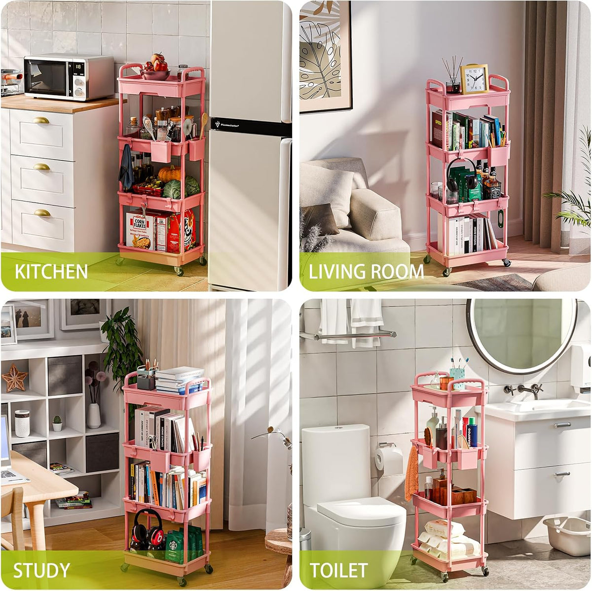 3 Tier Rolling Cart Organizer,Laundry Room Bathroom Organizers and Storage Office Shelves Mobile Shelving Unit Kitchen Trolley Cart with Wheels for Art,Craft,Diaper,Bedside,Snack(Pink)