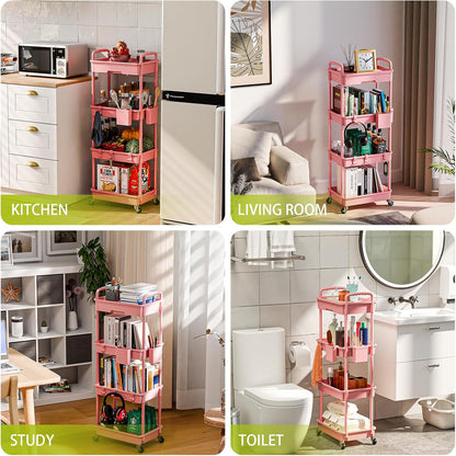 3 Tier Rolling Cart Organizer,Laundry Room Bathroom Organizers and Storage Office Shelves Mobile Shelving Unit Kitchen Trolley Cart with Wheels for Art,Craft,Diaper,Bedside,Snack(Pink)