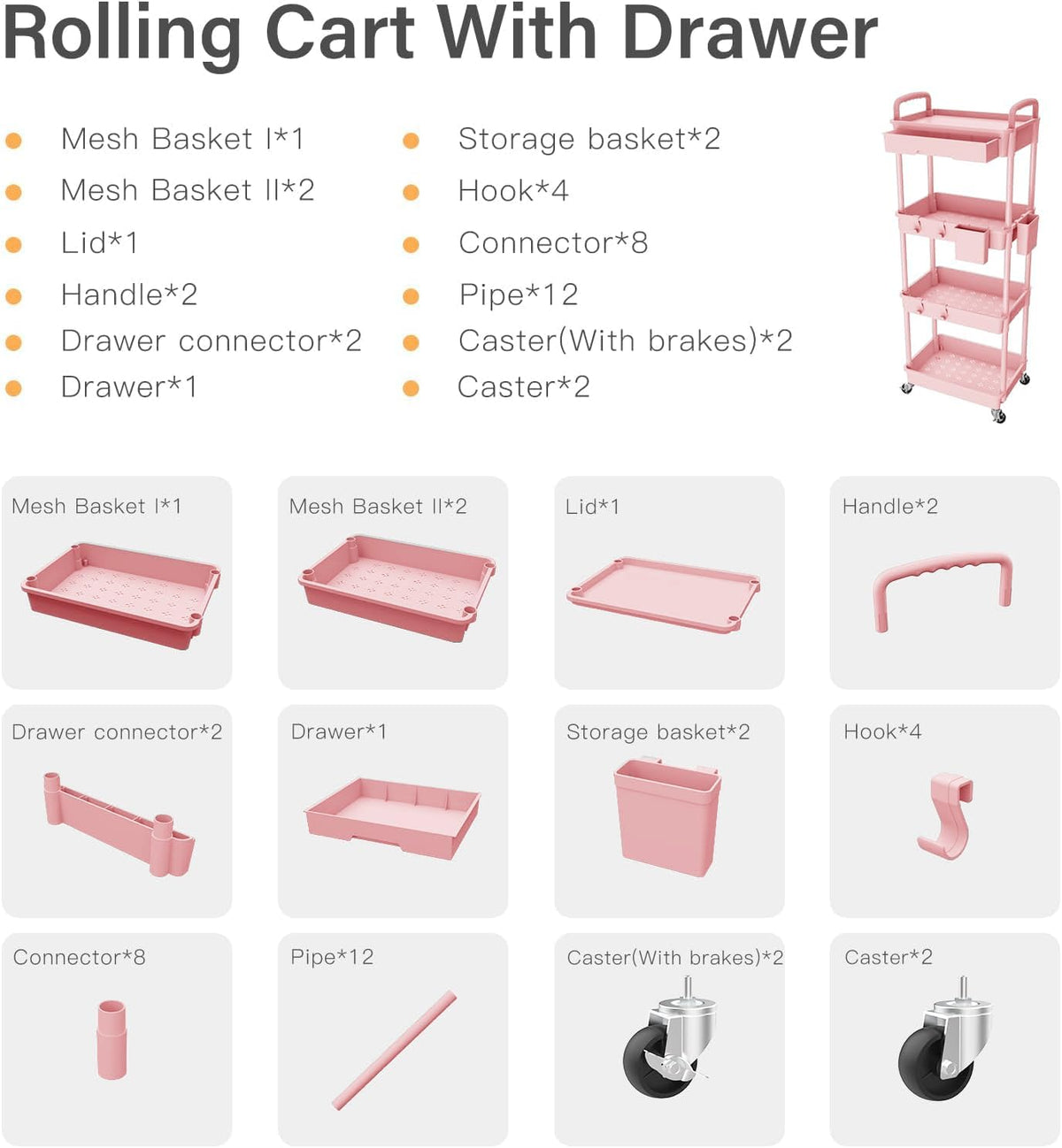 3 Tier Rolling Cart Organizer,Laundry Room Bathroom Organizers and Storage Office Shelves Mobile Shelving Unit Kitchen Trolley Cart with Wheels for Art,Craft,Diaper,Bedside,Snack(Pink)