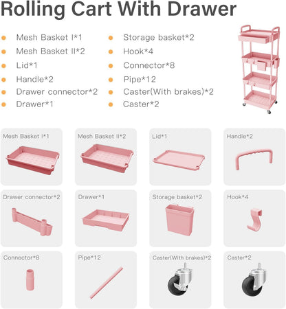 3 Tier Rolling Cart Organizer,Laundry Room Bathroom Organizers and Storage Office Shelves Mobile Shelving Unit Kitchen Trolley Cart with Wheels for Art,Craft,Diaper,Bedside,Snack(Pink)