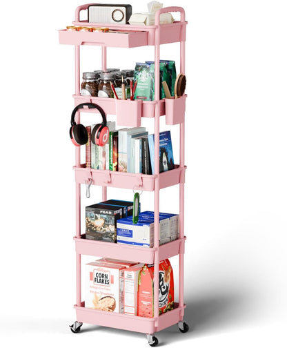 3 Tier Rolling Cart Organizer,Laundry Room Bathroom Organizers and Storage Office Shelves Mobile Shelving Unit Kitchen Trolley Cart with Wheels for Art,Craft,Diaper,Bedside,Snack(Pink)