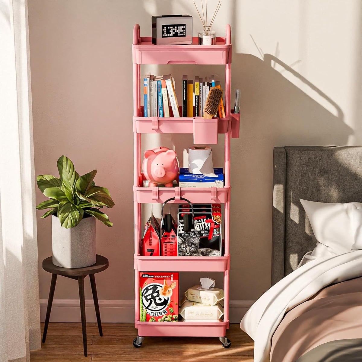 3 Tier Rolling Cart Organizer,Laundry Room Bathroom Organizers and Storage Office Shelves Mobile Shelving Unit Kitchen Trolley Cart with Wheels for Art,Craft,Diaper,Bedside,Snack(Pink)