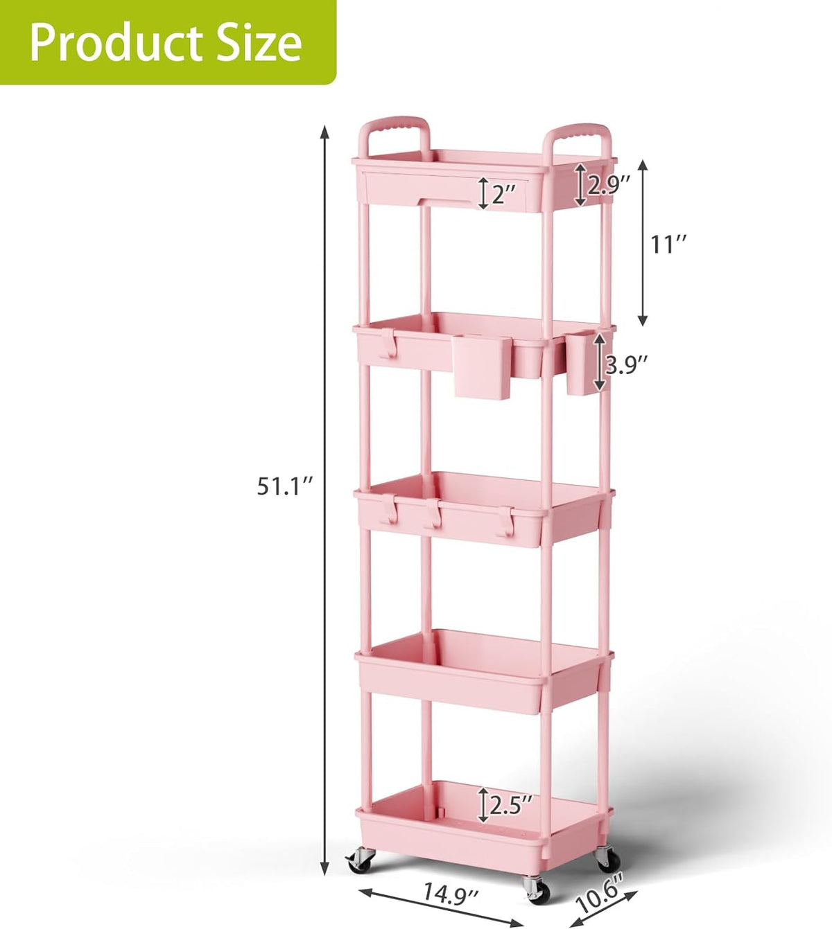 3 Tier Rolling Cart Organizer,Laundry Room Bathroom Organizers and Storage Office Shelves Mobile Shelving Unit Kitchen Trolley Cart with Wheels for Art,Craft,Diaper,Bedside,Snack(Pink)