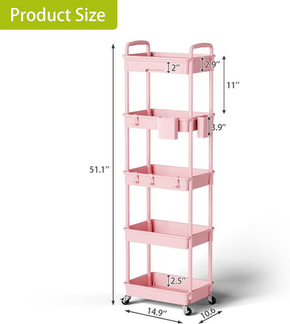 3 Tier Rolling Cart Organizer,Laundry Room Bathroom Organizers and Storage Office Shelves Mobile Shelving Unit Kitchen Trolley Cart with Wheels for Art,Craft,Diaper,Bedside,Snack(Pink)