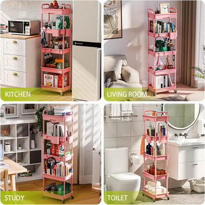 3 Tier Rolling Cart Organizer,Laundry Room Bathroom Organizers and Storage Office Shelves Mobile Shelving Unit Kitchen Trolley Cart with Wheels for Art,Craft,Diaper,Bedside,Snack(Pink)