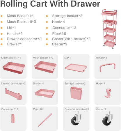 3 Tier Rolling Cart Organizer,Laundry Room Bathroom Organizers and Storage Office Shelves Mobile Shelving Unit Kitchen Trolley Cart with Wheels for Art,Craft,Diaper,Bedside,Snack(Pink)