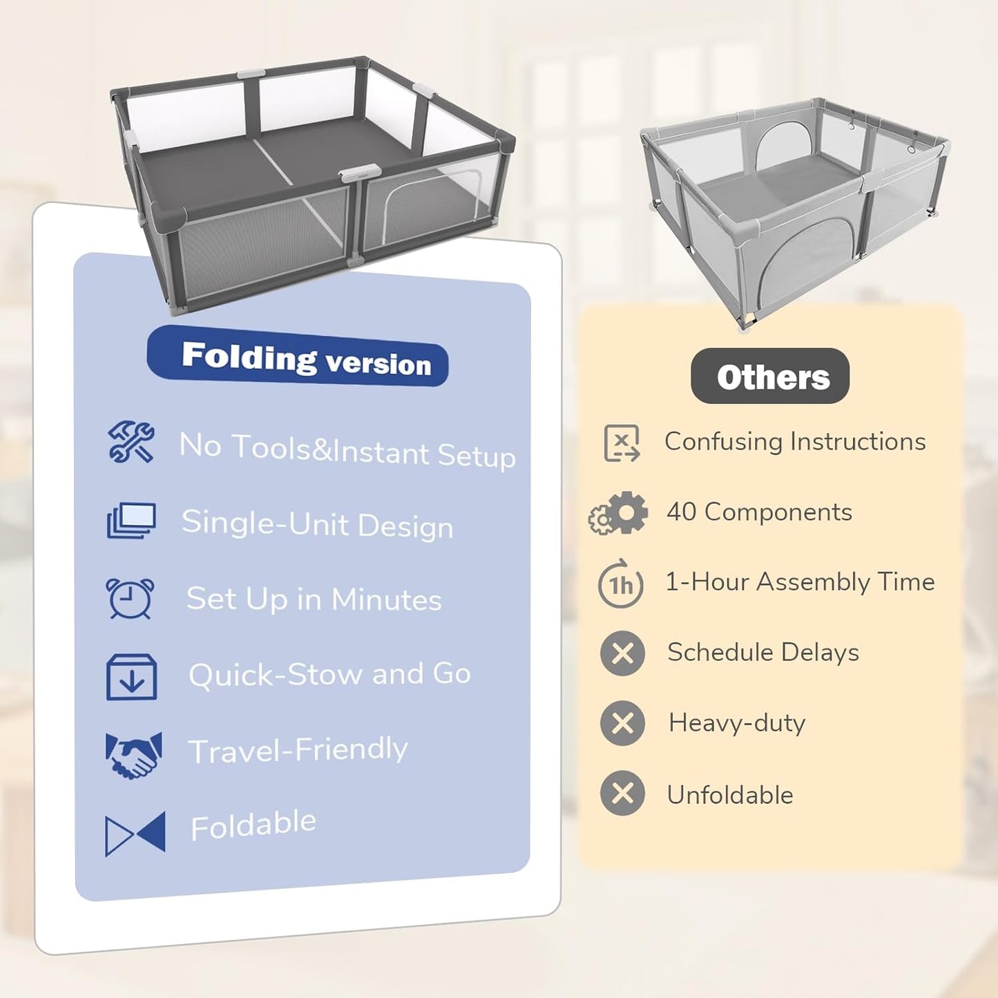 Foldable Baby Playpen with Mat - Portable,Spacious & Sturdy Playpen for Babies and Toddlers,Quick 1-Minute Setup,Travel-Friendly, Collapsible Play Pen for Indoor and Outdoor Use (Grey, 50x50 inches)