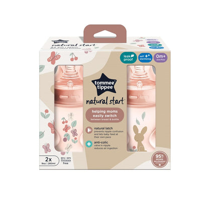 Tommee Tippee Natural Start Anti-Colic 9 oz BPA Free Baby Bottles, 0+ Months, Slow Flow Breast-Like Nipple, Self Sterilizing, Designed for Seamless Transition Between Bottle & Breast, Clear, Pack of 2