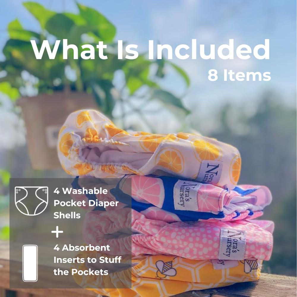 Nora's Nursery Cloth Pocket Diapers 4 Pack with 4 Inserts - Waterproof Cover, Washable, Reusable & One Size Adjustable Pocket Diapers for Newborns and Toddlers - Mama Bear