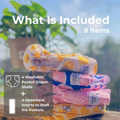 Nora's Nursery Cloth Pocket Diapers 4 Pack with 4 Inserts - Waterproof Cover, Washable, Reusable & One Size Adjustable Pocket Diapers for Newborns and Toddlers - Mama Bear