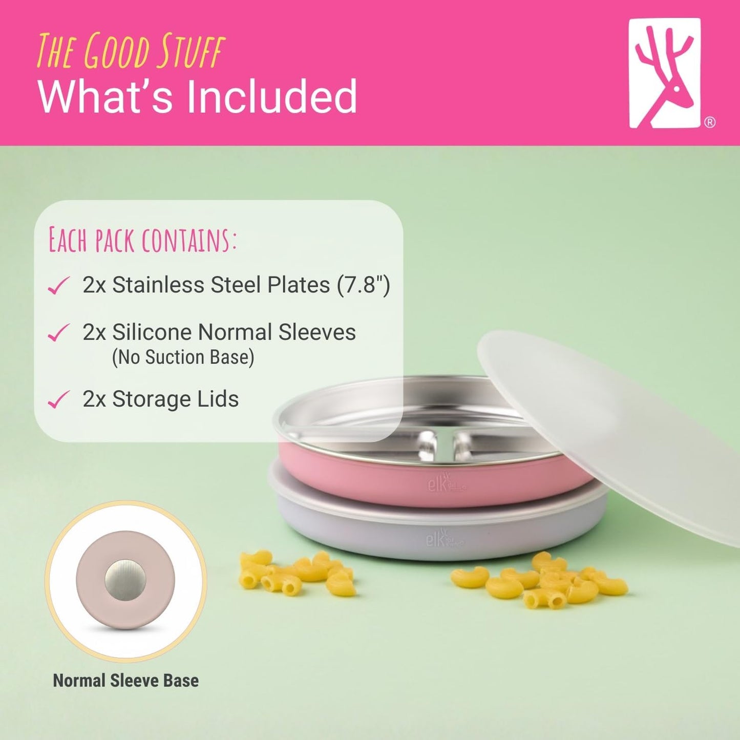 Elk and Friends Stainless Steel Divided Plates with Silicone Sleeve for Babies & Toddlers | Lids Included | Stay Put Suction | Dinner & Snack Plates | 4 Pack