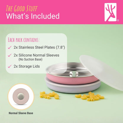 Elk and Friends Stainless Steel Divided Plates with Silicone Sleeve for Babies & Toddlers | Lids Included | Stay Put Suction | Dinner & Snack Plates | 4 Pack