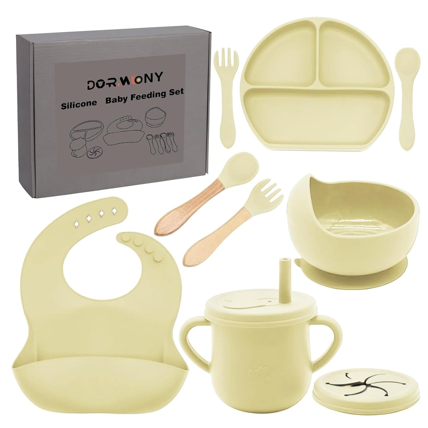 100% Silicone Baby Feeding Set, BPA Free Baby Dishes with Suction Bowl, Divided Plate, Toddler Self Feeding Dish Set with Spoons, Forks, Sippy Cup and Bib, Baby Eating Utensils (Navy Blue)