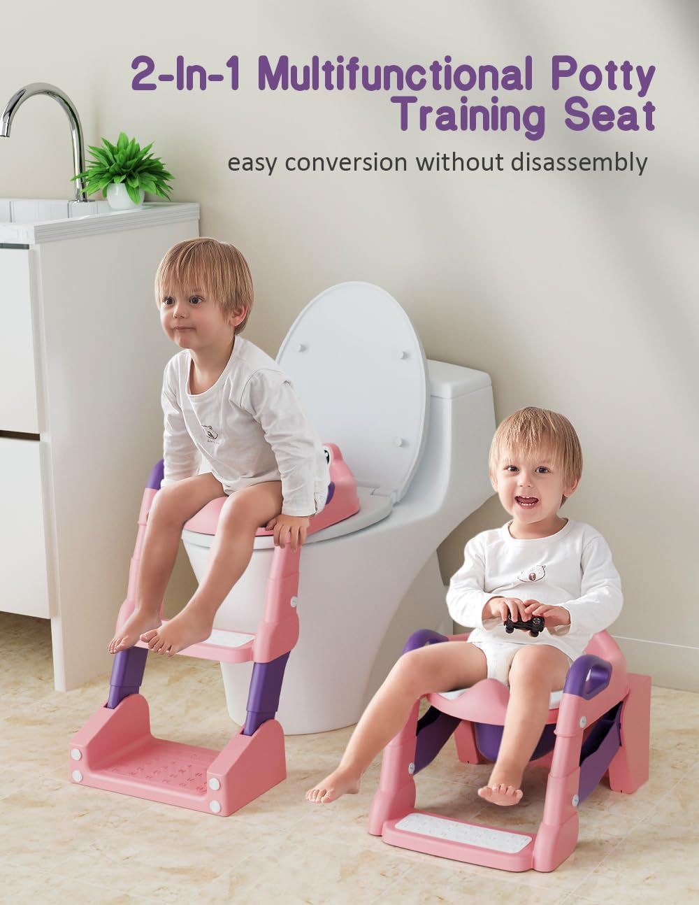 Potty Training Seat, Toddler Potty Training Toilet, Upgrade 2 In 1 Toddler Toilet Seat with Steps Stool Splash Guard and Anti-Slip Pad Soft Cushion, Potty Seats for Toddlers Baby Kids (Pink)