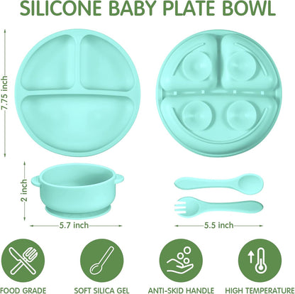 CHENGU 12 Pcs Silicone Bowl with Suction Set for Baby Toddler with Suction Plate, Spoon and Fork, Divided Design Baby Feeding Utensils Weaning Kit, Dishwasher and Microwave Safe